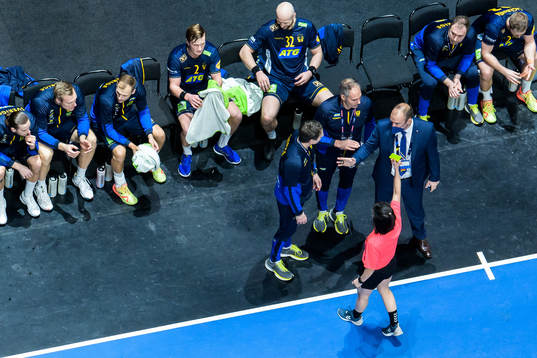 Head coach Glenn Solberg of Sweden gets a yellow card from