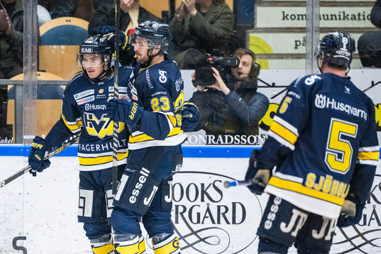 HV71s André Petersson och Nicholas Shore jublalr