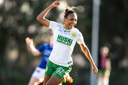 Madelen Janogy of Hammarby celebrates scoring 1-2