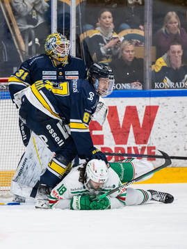 HV71s målvakt Joni Ortio och Oliwer Kaski försvarar mot