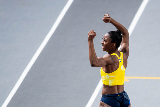 Khaddi Sagnia of Sweden celebrates while competing in