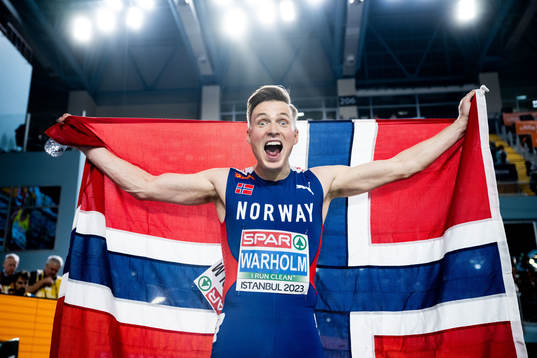 Karsten Warholm of Norway celebrates