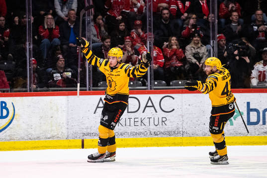 Skellefteås Elias Salomonsson jublar med Filip Sandberg