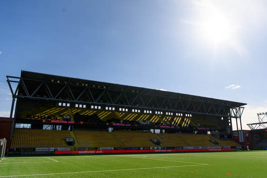 Borås Arena med Skövde AIKs namn på LED-skärmarna