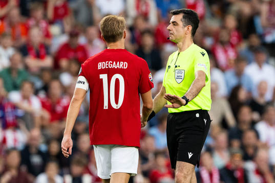 Martin Ødegaard of Norway talks to Referee Aleksandar