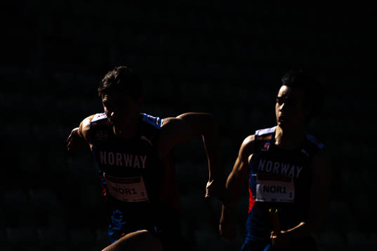 Athletes of Norway compete in men’s 4x100 meter relay