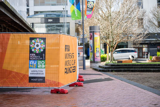 Barriers in Hamilton Square with the logo for the FIFA
