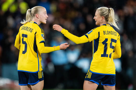 Rebecka Blomqvist of Sweden celebrates with Anna Sandberg
