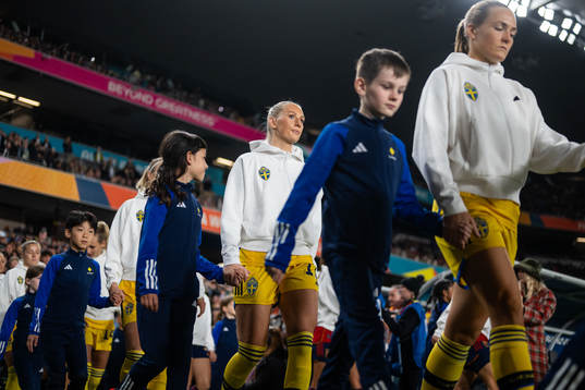 Stina Blackstenius and Magdalena Eriksson of Sweden enter