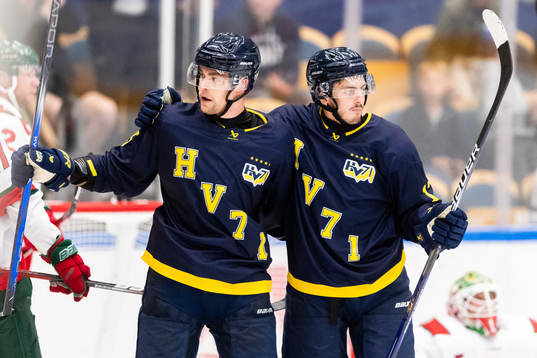 HV71s Radan Lenc och Isac Brännström jublar