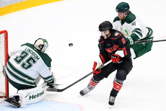 Malmö Redhawks Johan Olofsson oroar framför Färjestads