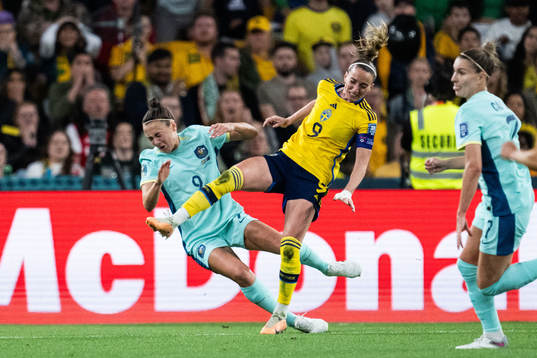 Caitlin Foord of Australia and Kosovare Asllani of Sweden
