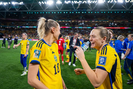 Fridolina Rolfö and Magdalena Eriksson of Sweden celebrate