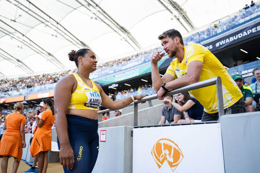 Vanessa Kamga of Sweden and coach Mats Olsson