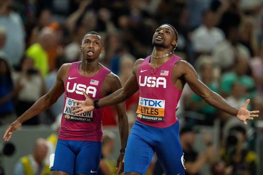 Noah Lyles of USA celebrates