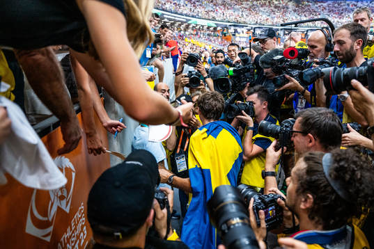 Armand Duplantis of Sweden celebrates