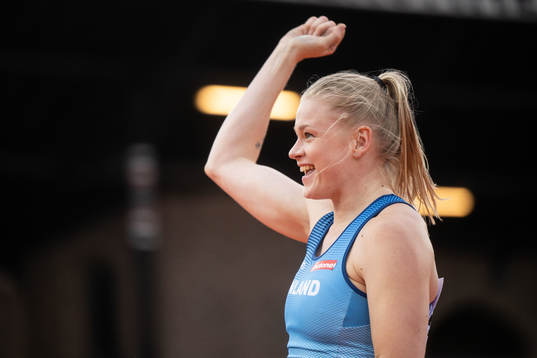 Wilma Murto of Finland celebrates