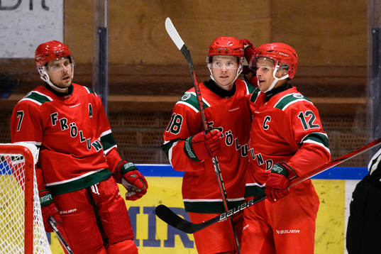 Frölundas Linus Öberg och Max Friberg jublar