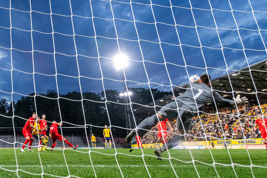goalkeeper Marko Alchevski of North Macedonia with a save