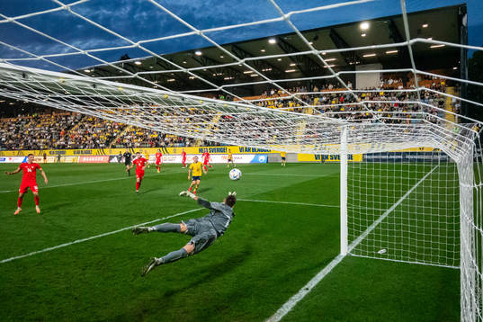 goalkeeper Marko Alchevski of North Macedonia with a save