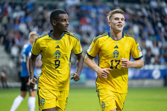 Alexander Isak and Viktor Gyökeres of Sweden celebrate