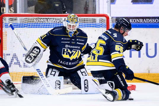 HV71s Mikael Seppälä täcker skott framför målvakt Joni