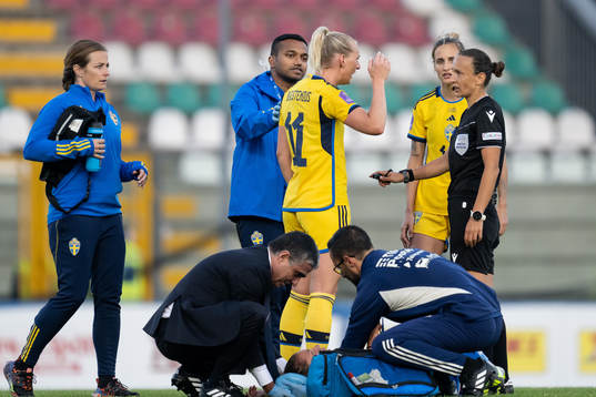 Stina Blackstenius of Sweden reacts towards referee Ivana