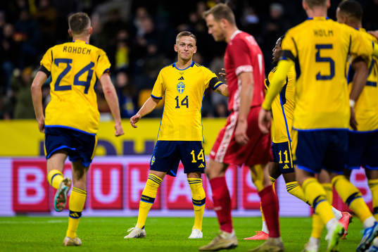 Jesper Karlsson of Sweden celebrating 3-1