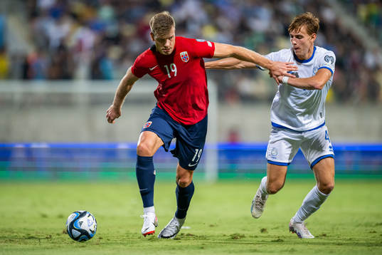 Alexander Sørloth of Norway and Hector Kyprianou of Cyprus
