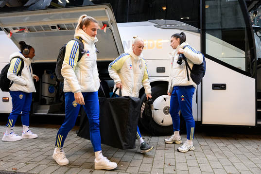 Nathalie Björn and Caroline Seger of Sweden arrives at the