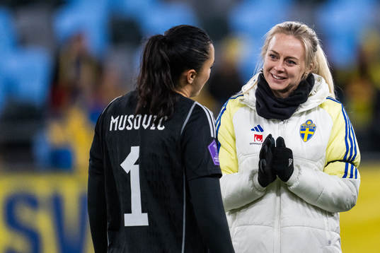 Goalkeeper Zecira Musovic and Amanda Ilestedt of Sweden