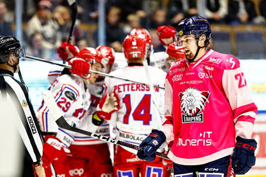 Timrås spelare jublar och Linköpings William Worge Kreü
