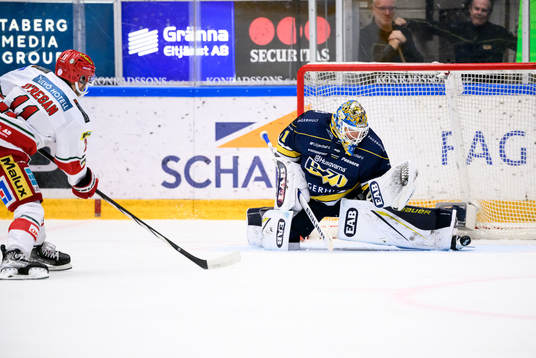 MoDos Daniel O´regan och HV71s målvakt Joni Ortio