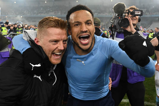Malmö FFs Anders Christiansen och Martin Olsson jublar