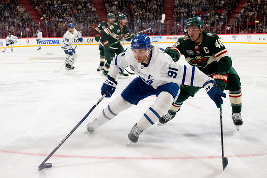 John Tavares of Toronto Maple Leafs and Daemon Hunt of