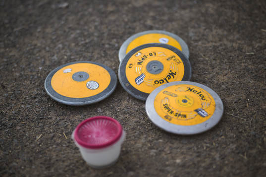 Discuses used by Daniel Ståhl of Sweden at an athletics
