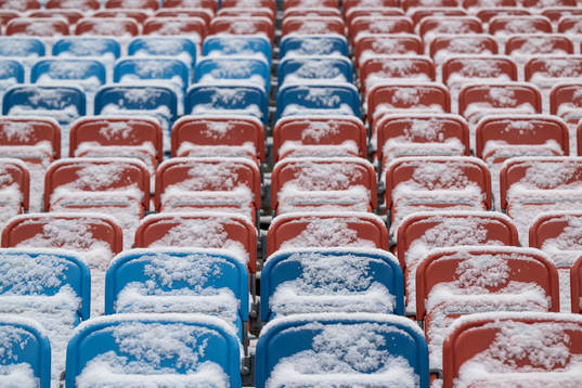 Snow at the seats at Ullevi stadium