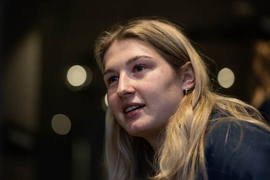 Nina Dano at a press event with Sweden