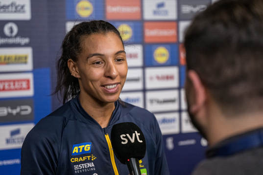 Jamina Roberts of Sweden is being interviewed
