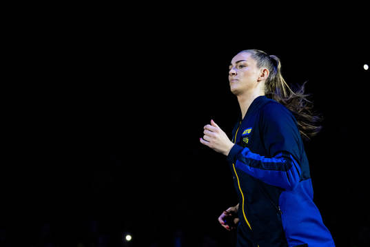 Kristin Thorleifsdottir of Sweden enters the pitch