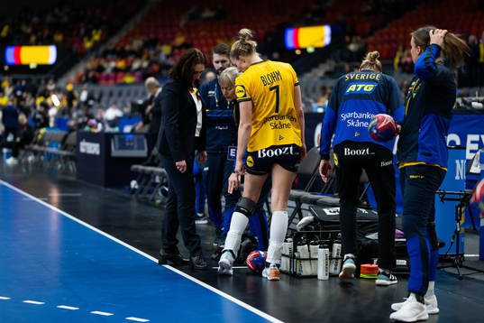 Linn Blohm of Sweden talks to officials head of the IHF