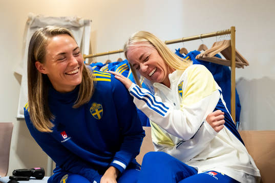 Magdalena Eriksson and Caroline Seger of Sweden at a press