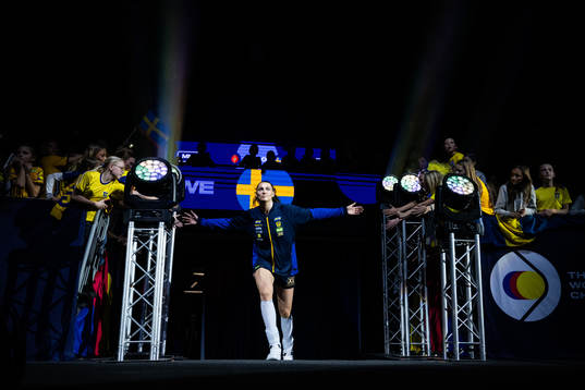 Kristin Thorleifsdottir of Sweden enter the pitch