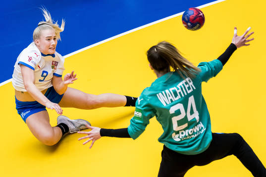 Adela Striskova of Czech Republic and goalkeeper Sarah