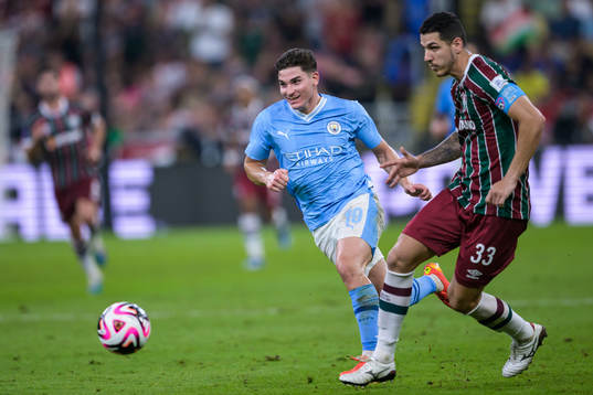 Julian Alvarez of Manchester City and Pedro Rangel of