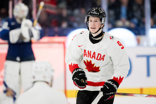 Nate Danielson of Canada celebrates the 0-1 goal