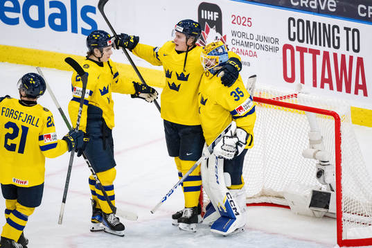 Liam Öhgren, Elias Pettersson and goaltender Hugo Hävelid