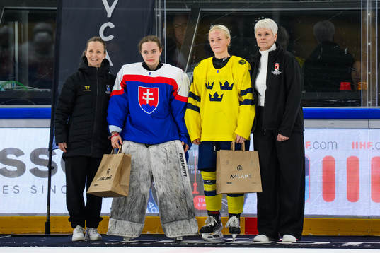 Goaltender Livia Debnarova of Slovakia and Mira Hallin of