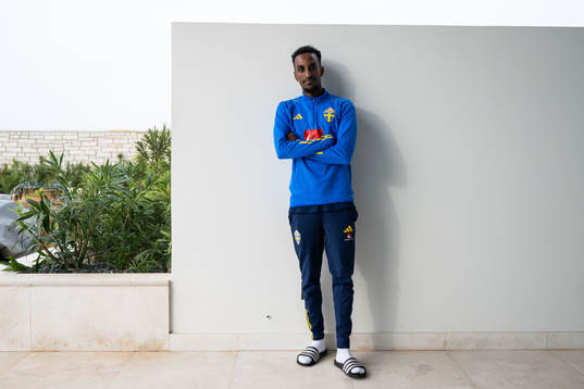 Taha Ali of the Swedish men's football national team pose