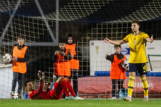 Goalkeeper Oliver Dovin and Anton Eriksson of Sweden reacts